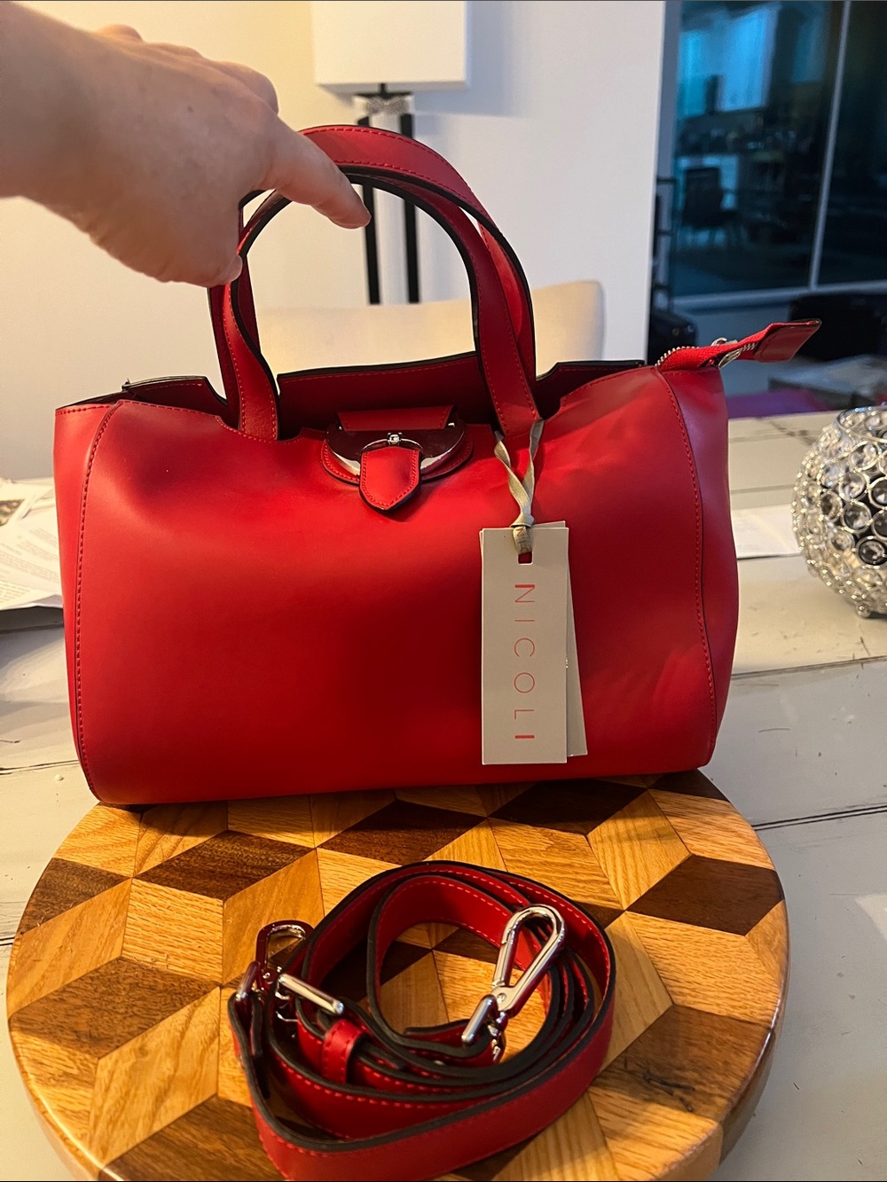 NICOLI Red Leather Satchel with Detachable Strap